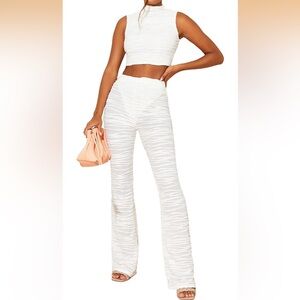 Women Y2k 2 Piece Pants Outfit Pleated Slim Fit Crop Vest Top Long Pants White M